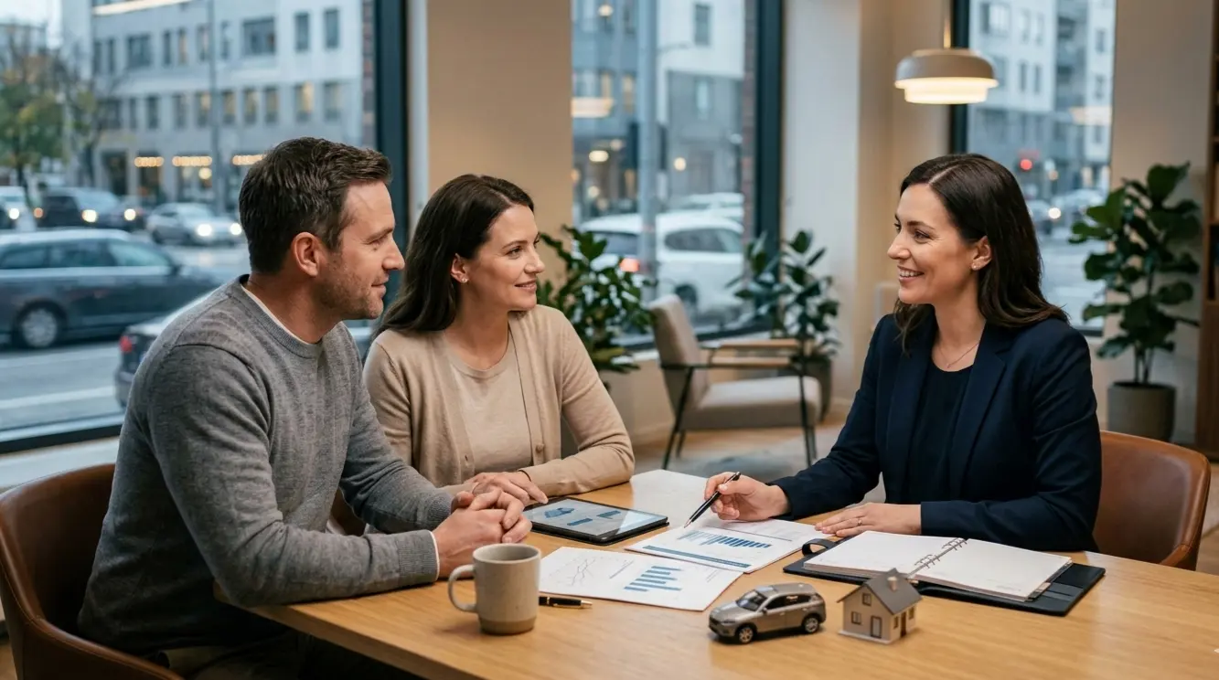 Asesora financiera explicando estrategias de protección patrimonial y planeación financiera a una familia